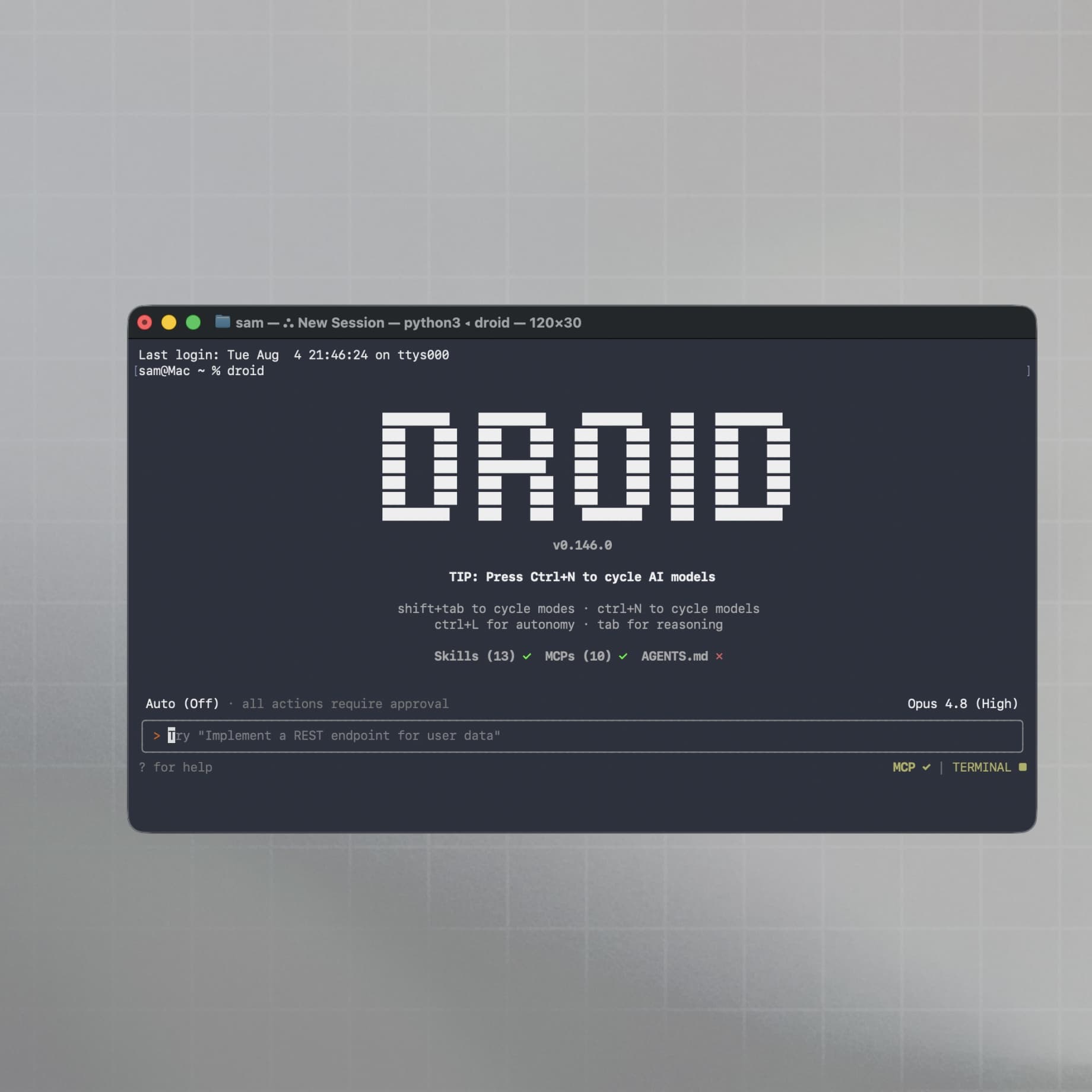 Factory CLI running a Droid session