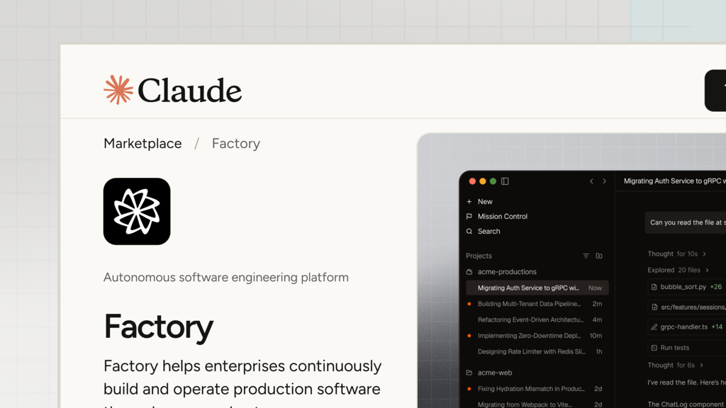 Factory now available on Claude Marketplace, bringing autonomous software development to the enterprise